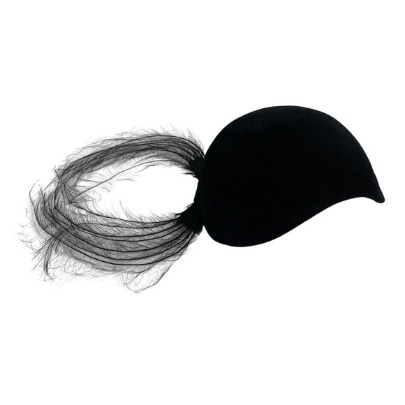 VTG Ranel Black Cloche Glory Imported Velour Hat w/ Feather Accent Chin Strap OS - Picture 4 of 8